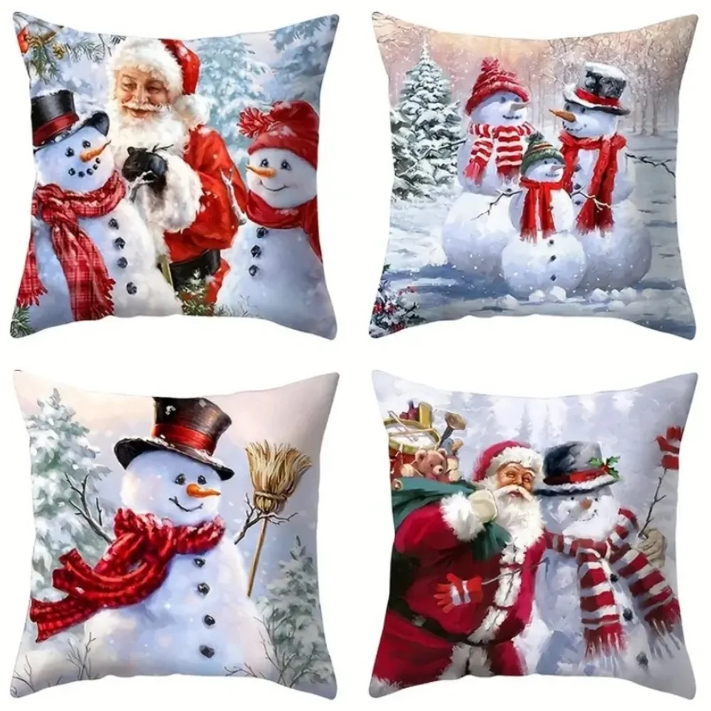 4pcs/set Snowman Christmas Pillowcase 17.72 X 17.72 Inches